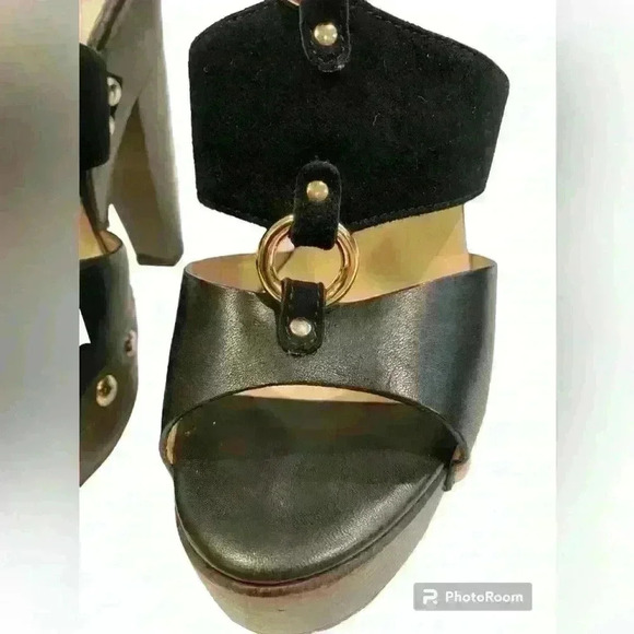 Jimmy Choo Ursula Wood leather suede platform sandal heels studded details - Picture 5 of 13